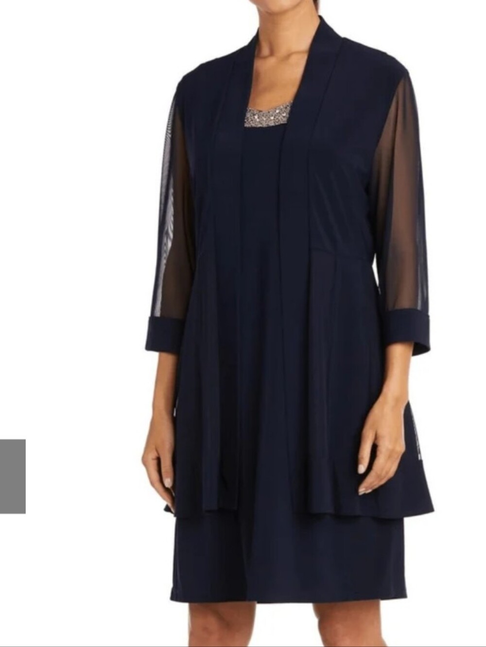 R&M Richards NEW Women Size 12: Navy Jacket Sheer Sleeves & Beaded Neckline Dres